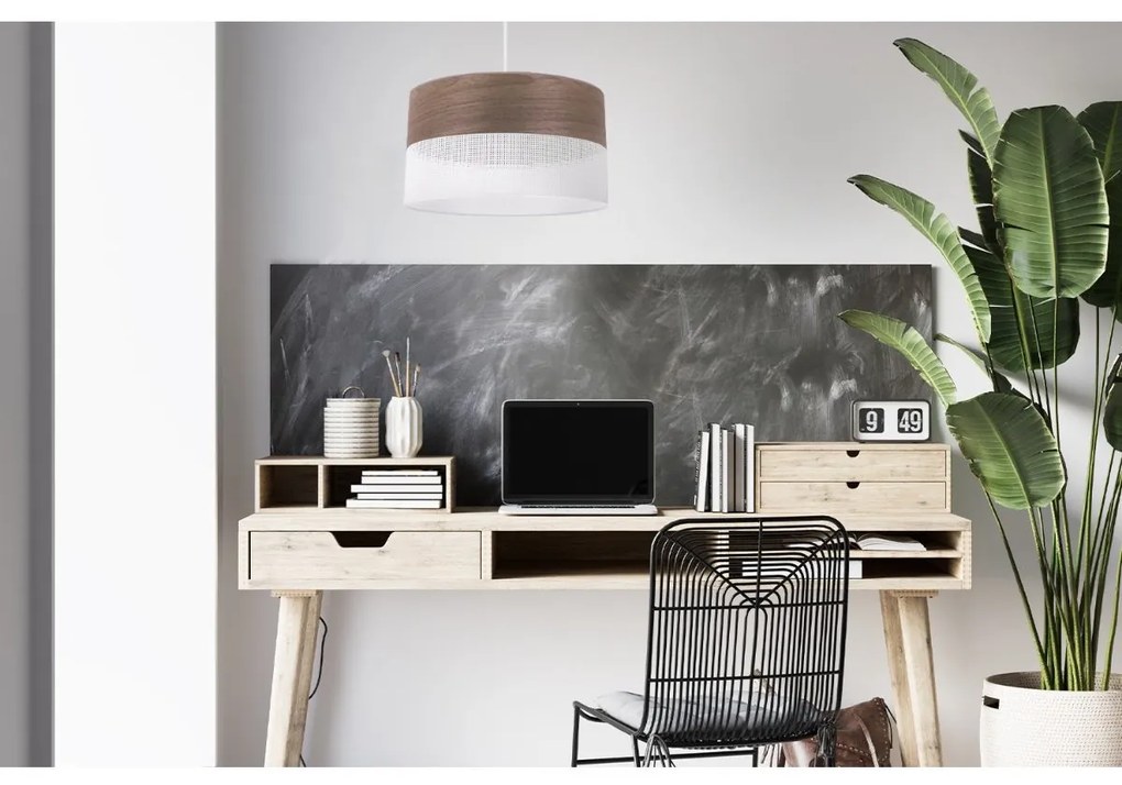 Závesné svietidlo Wood, 1x hnedá orechová dýha/biele PVC tienidlo, (fi 30cm)