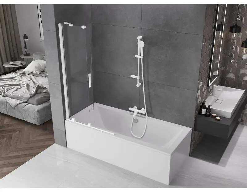 Mexen Velar, 2-krídlová posuvná vaňová zástena 90 x 150 cm, 8mm číre sklo, biely profil, 896-090-000-01-20