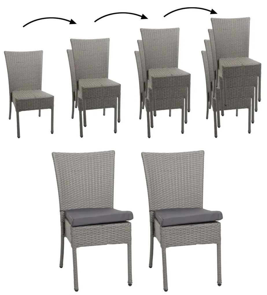 Set 2 záhradných stoličiek HWC-G19, polyratan, stohovateľná - sivá, vankúše tmavosivá