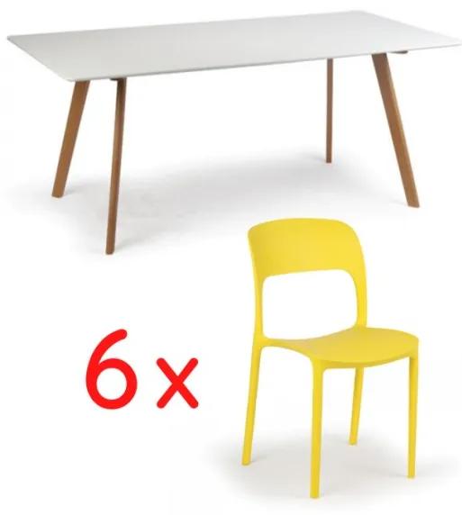 Jedálenský stôl 180x90 + 6x plastová stolička REFRESCO žltá