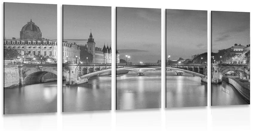 5-dielny obraz oslňujúca panoráma Paríža v čiernobielom prevedení - 100x50