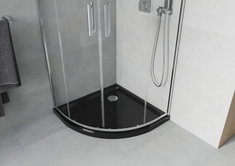 Mexen Rio, štvrťkruhový sprchový kút 90 x 90 cm, 6mm číre sklo, chrómový profil + čierna sprchová vanička, 863-090-090-01-00-4170