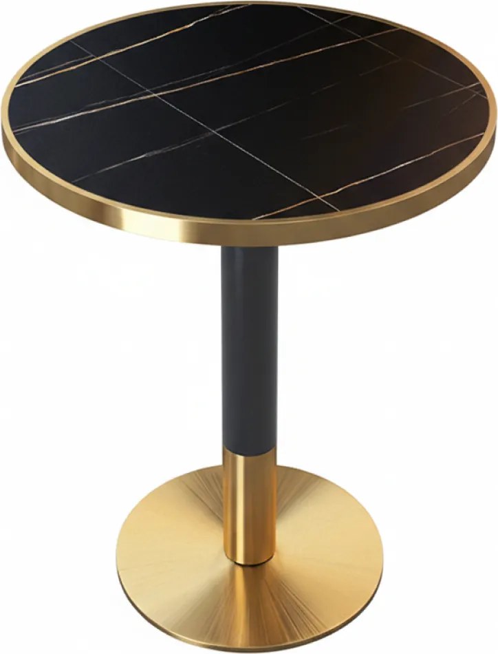 Jedálenský bistro stôl, čierny mramor/čierna/zlatá, priemer 80 cm, OREN