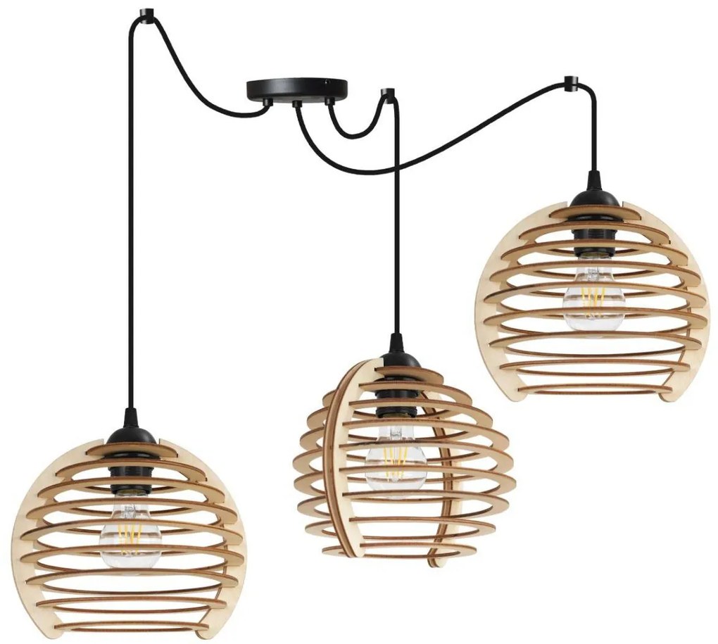 Závesné svietidlo Timber Spider, 3x drevené tienidlo, n
