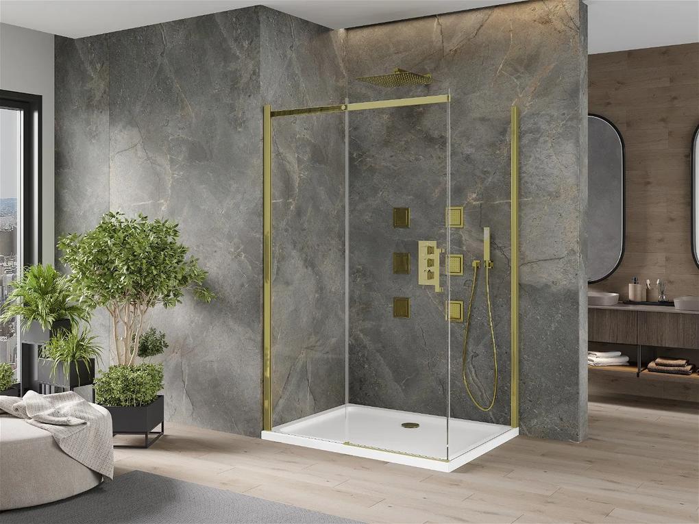 Mexen Omega, sprchovací kút s posuvnými dverami 100 (dvere) x 90 (stena) cm, 8mm číre sklo, zlatý profil + slim sprchová vanička 5cm, 825-100-090-50-00-4010