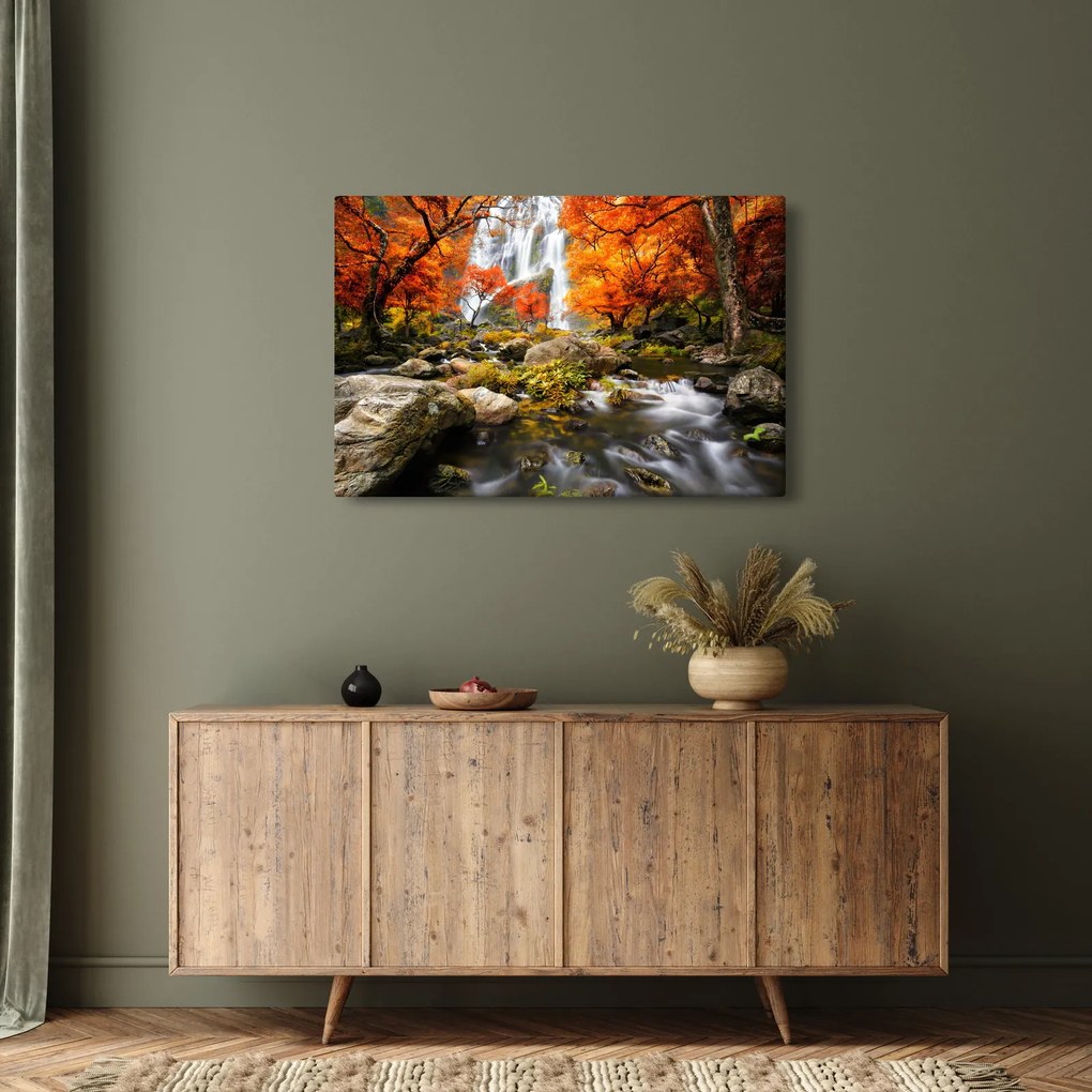 Obraz - Vodopády v oranžovom lese (90x60 cm)