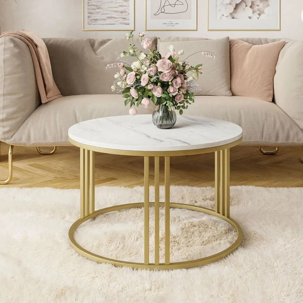 OKRÚHLY KONFERENČNÝ STOLÍK LEONARDO 2 BIELY MRAMOR / ZLATÝ