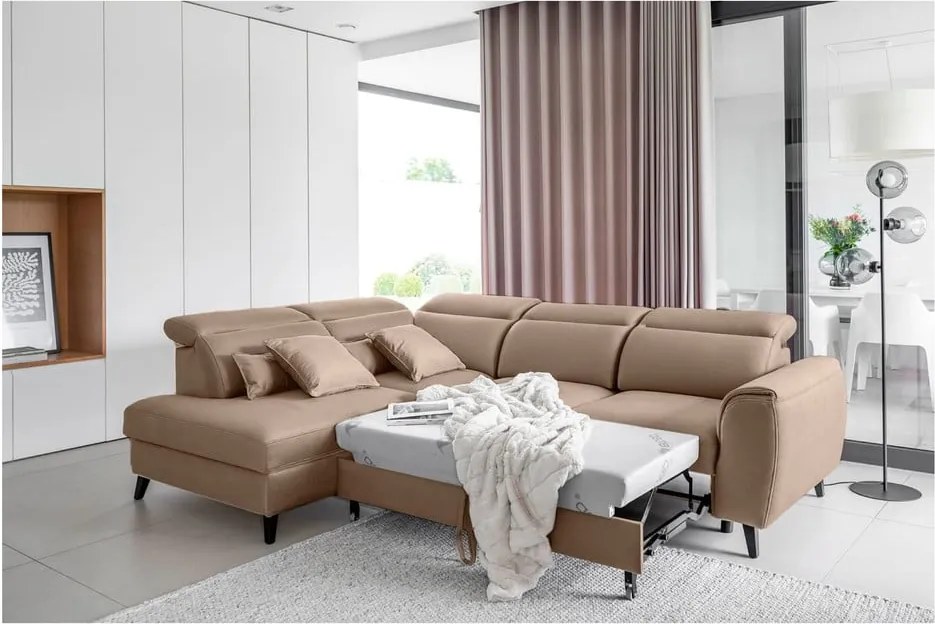 Svetlohnedá zamatová rozkladacia/s úložným priestorom rohová pohovka (ľavý roh/do L) Noble – ELTAP