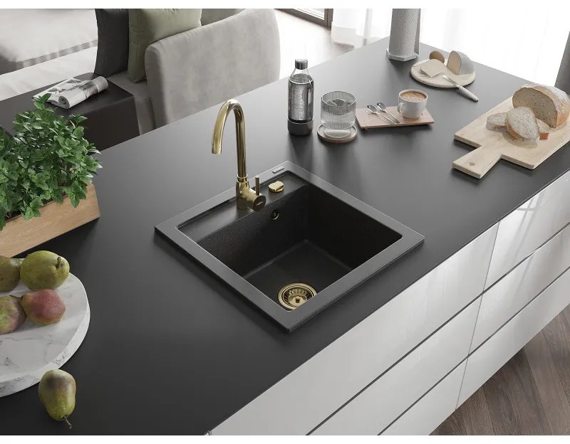 Mexen Vito, granitový drez 520x490x210 mm, 1-komorový, čierna škvrnitá so zlatým sifónom, 6503521000-76-G