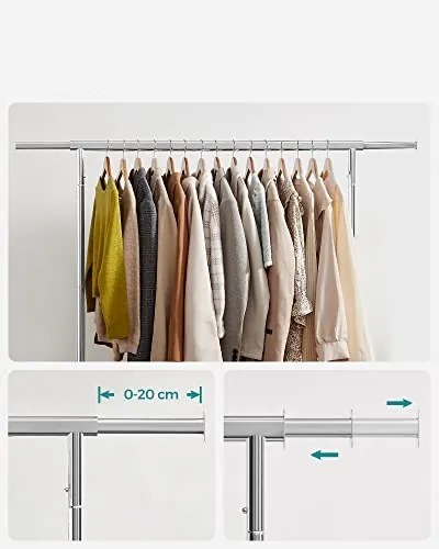 SongmicsHome Stojan na oblečnie IRENE na kolieskach, max.130kg, 150x45x160cm, strieborná