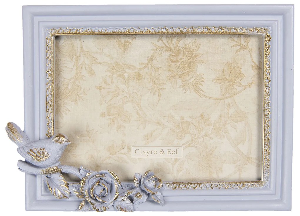 Šedo-zlatý vintage fotorámček s vtáčikom a ružami - 23 * 3 * 17 cm / 18 * 13 cm