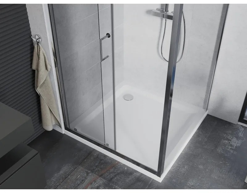 Mexen Apia, sprchový kút s posuvnými dverami 90 (dvere) x 90 (stena) cm, 6mm číre sklo, chrómový profil + slim sprchová vanička 5cm, 840-090-090-01-00-4010