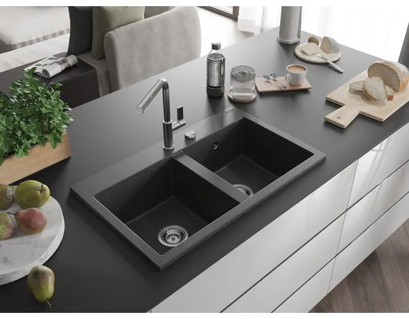 Mexen Hektor, 2-komorový granitový drez 800x480x205 mm, čierna škvrnitá, chrómový sifón, 6521802000-76