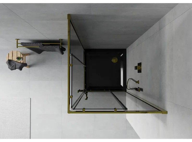 Mexen Rio, štvorcový sprchovací kút s posuvnými dverami 70(dvere) x 70(dvere) x 190 cm, 6mm šedé sklo, zlatý profil + čierna sprchová vanička SLIM, 860-070-070-50-40-4070G