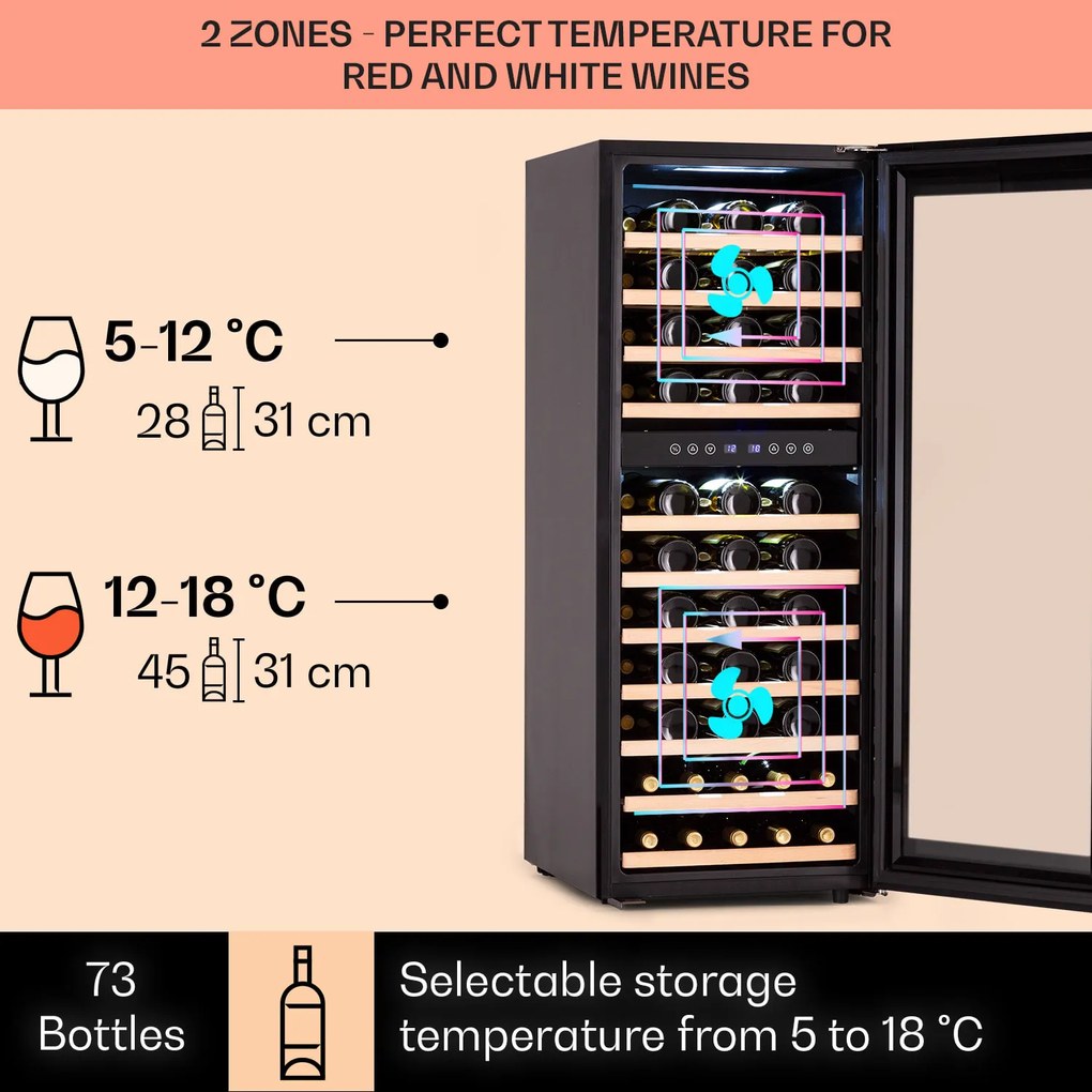 Klarstein Barossa 73 Uno, vinotéka, 192 l, 2 zóny, 73 fliaš, dotykový displej
