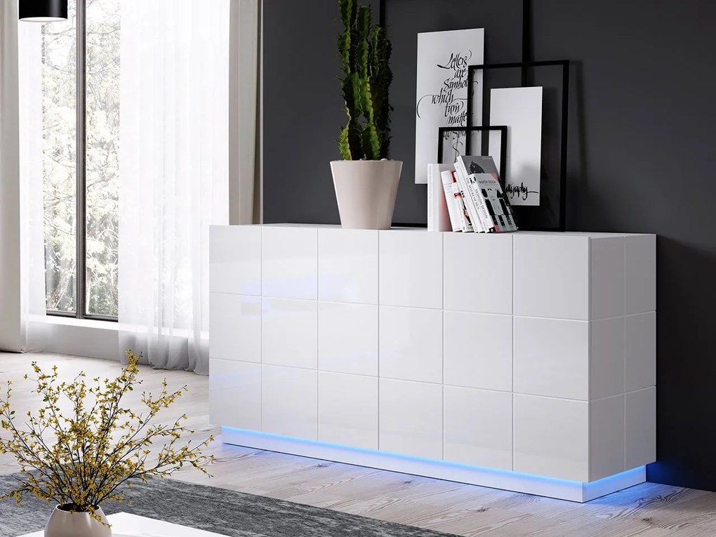 Kvalitná komoda Rebon, MDF biely lesk + LED podsvietenie