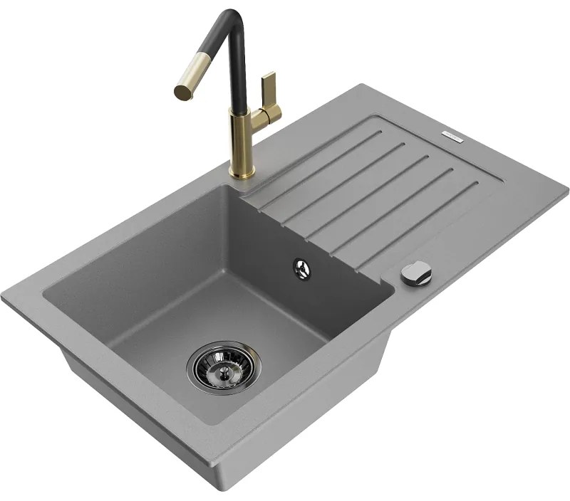 Mexen Pablo, 1-komorový granitový drez 752x436x161 mm a drezová batéria Flora, šedá, 6510-71-670401-57-B