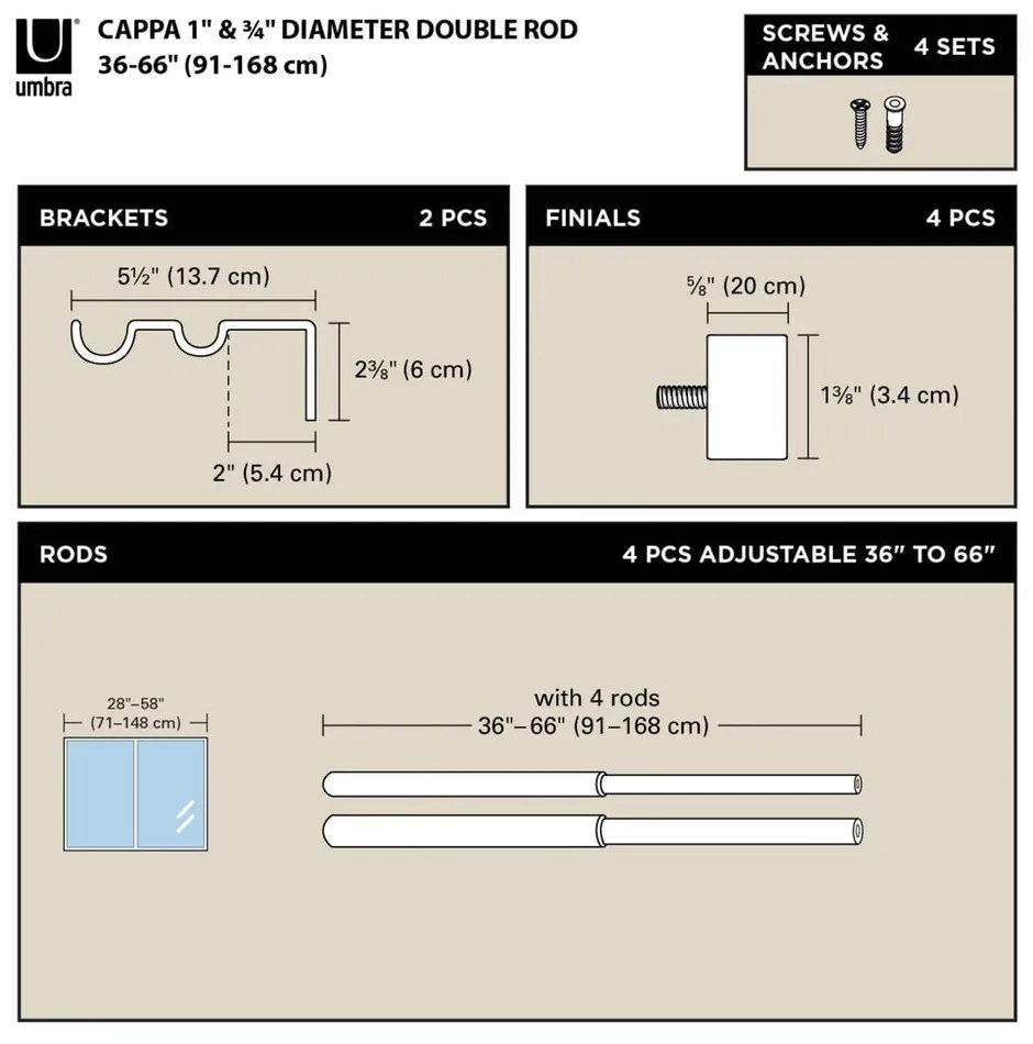 Oceľová roztiahnuteľná dvojitá garniža 91 - 168 cm Cappa - Umbra