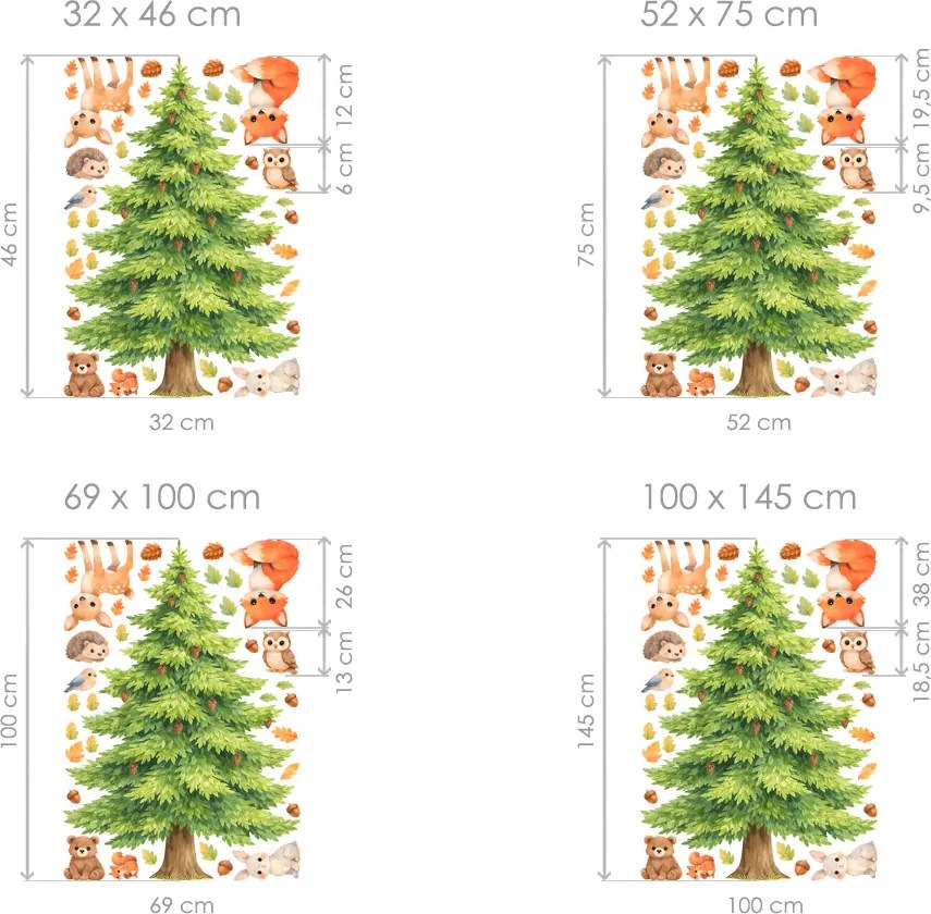 Roztomilé zvieratá a strom textilní prelepiteľné nálepky na stenu list 32 x 46 cm