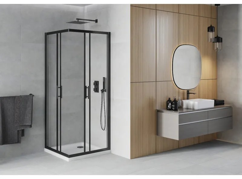 Mexen Rio, štvorcový sprchovací kút s posuvnými dverami 70(dvere) x 70(dvere) x 190 cm, 6mm číre sklo námraza, čierny profil + biela sprchová vanička SLIM, 860-070-070-70-00-4010B