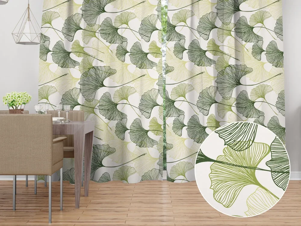 Biante Bavlnený záves Sandra SA-576 Zelené Ginkgo listy na bielom 150x210 cm