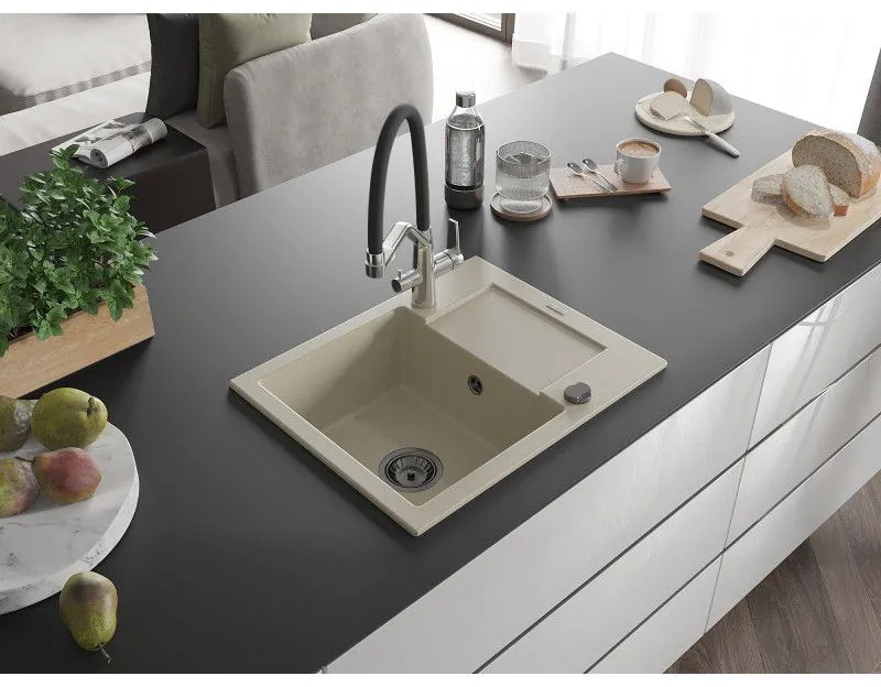 Mexen Enzo, granitový drez 576x465x174 mm, 1-komorový a drezová batéria Duo, béžová, 6506-69-671701-07-B