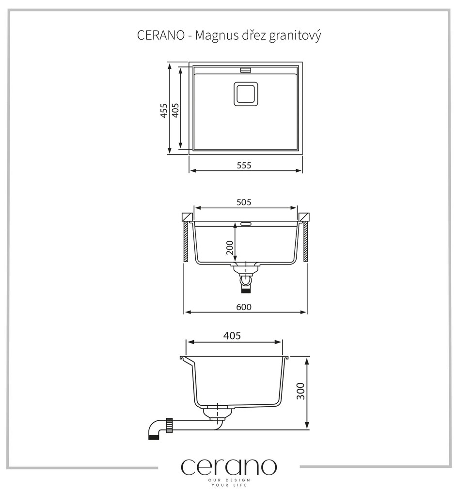 Cerano Magnus, drez granitový, 1-komorový s odkvapkávačom 555x450x200 mm, čierna metalická, CER-LIVSQD100-B