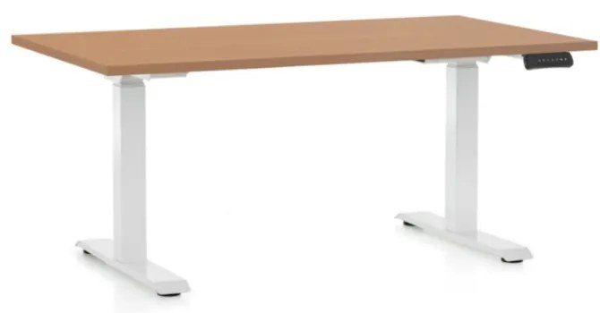 Výškovo nastaviteľný stôl OfficeTech D, 140 x 80 cm, biela podnož, buk
