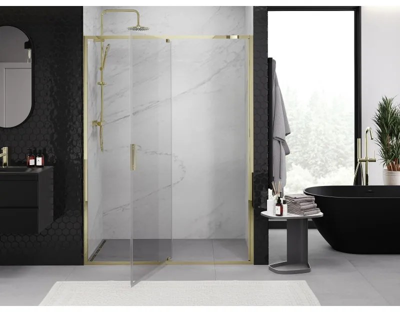Mexen Exo, výklopné sprchové dvere 130 cm, číre sklo, zlatá, 819-130-000-50-00