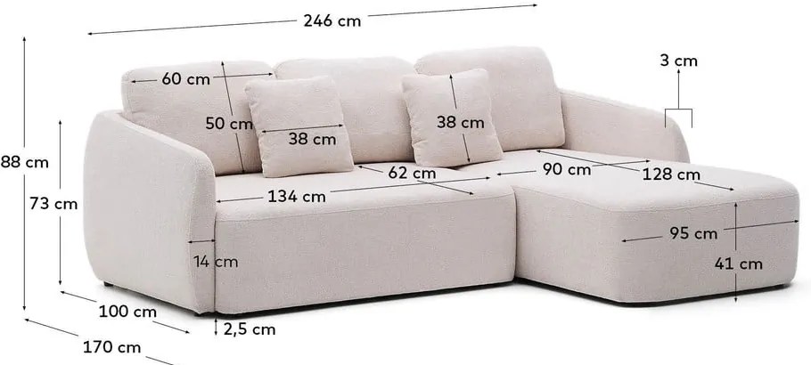 Krémová ženilková rozkladacia rohová pohovka (pravý roh/s leňoškou) Laira – Kave Home