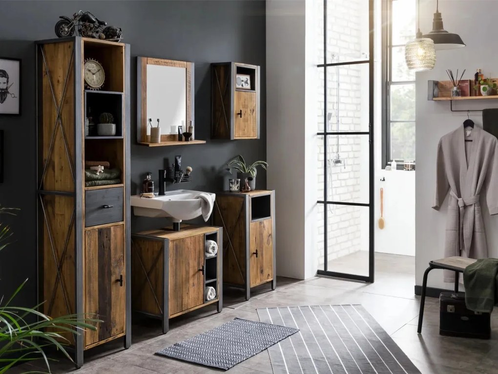 furniture-nabytek.cz - Masivní koupelnové zrcadlo Detroit z recyklované borovice a kovu, lakované, hnědé – 60×15×65 cm