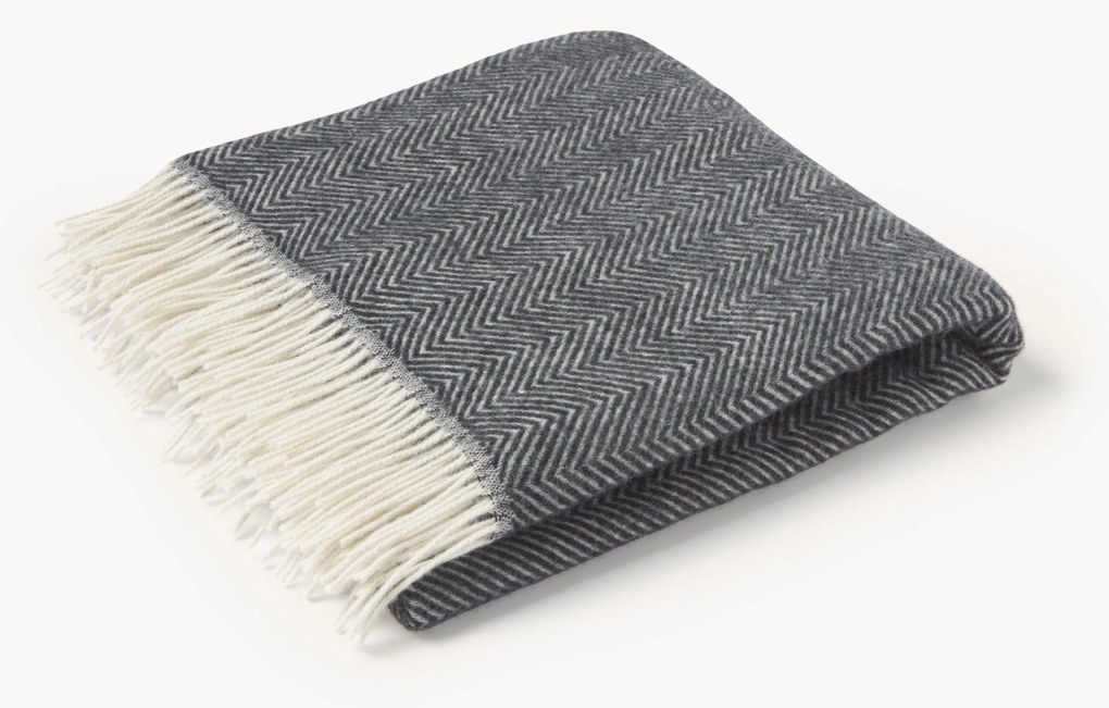 Vlnený pléd so vzorom rybej kosti a strapcami Tyrol