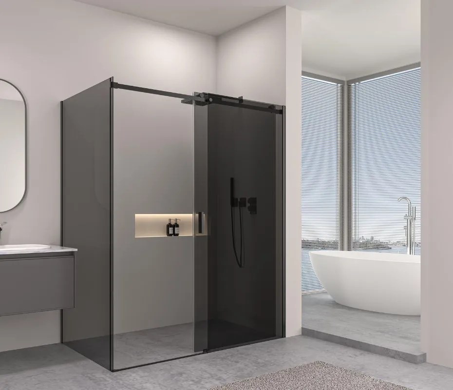 Erga Lynn, sprchový kút s posuvnými dverami 120(dvere) x 80(stena) x 195 cm, 8mm šedé sklo, čierny profil, ERG-V02-LYNN-D120G080-GR-BK