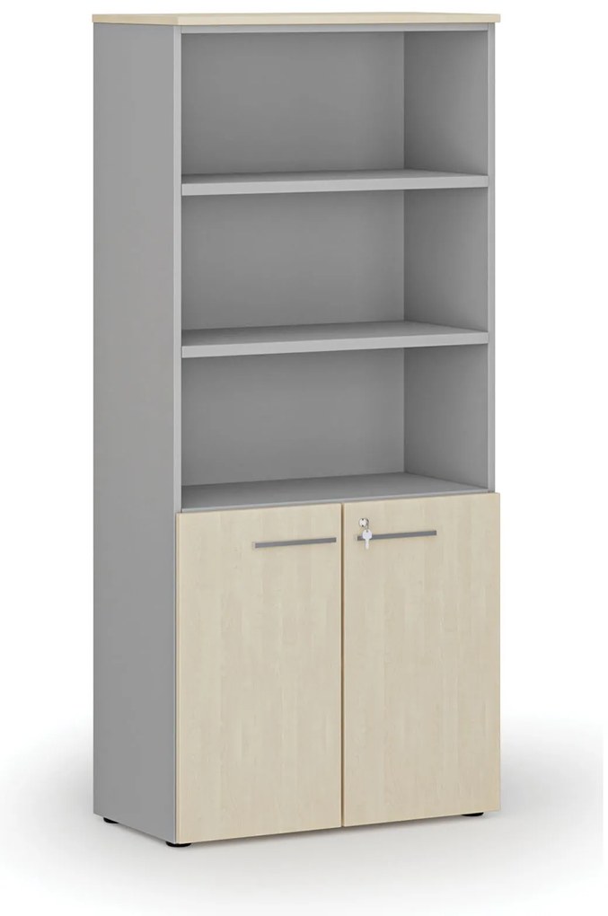 Kombinovaná kancelárska skriňa PRIMO GRAY, dvere na 2 poschodia, 800 x 420 x 1781 mm, sivá/breza