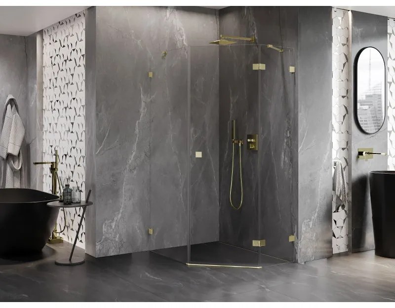 Mexen Lunar, pravý výklopný päťuholníkový sprchový kút 90 x 100 cm, 8mm číre sklo, zlatý matný profil, 831-090P-100L-55-00-P