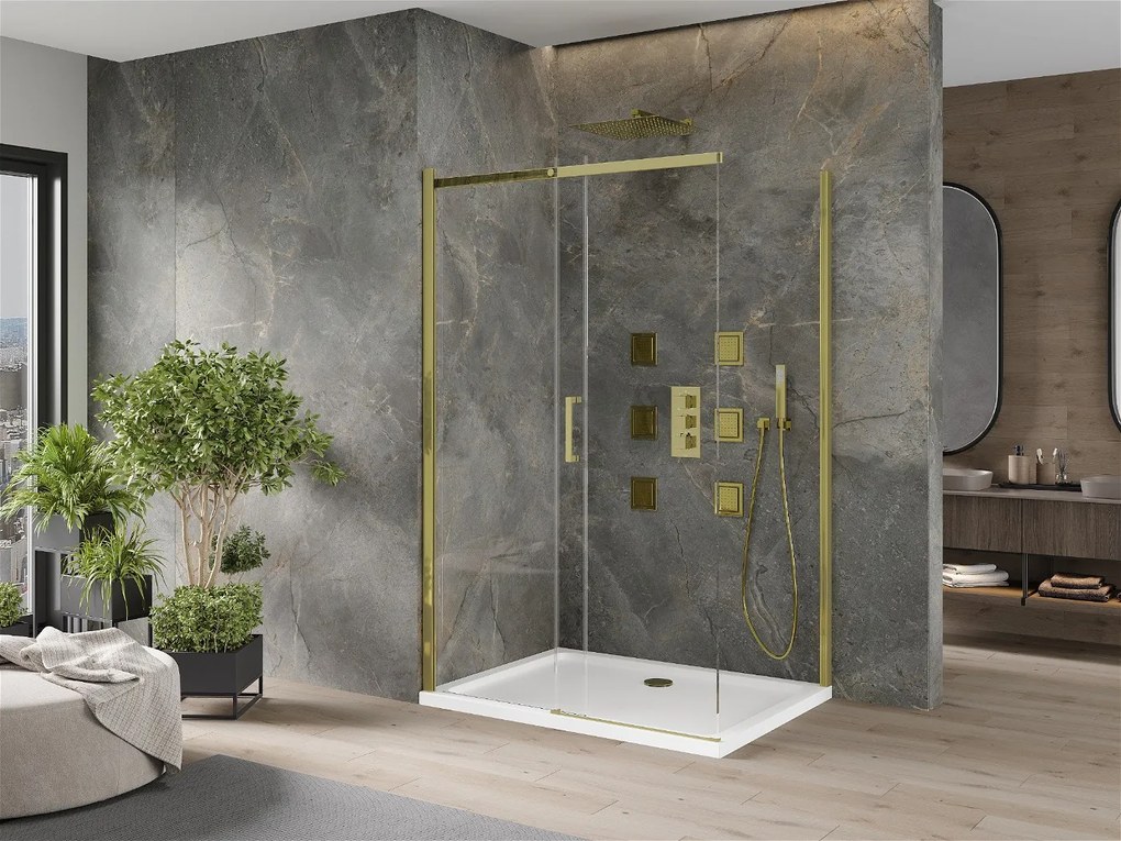 Mexen Omega, sprchovací kút s posuvnými dverami 140 (dvere) x 90 (stena) cm, 8mm číre sklo, zlatý profil + slim sprchová vanička 5cm, 825-140-090-50-00-4010