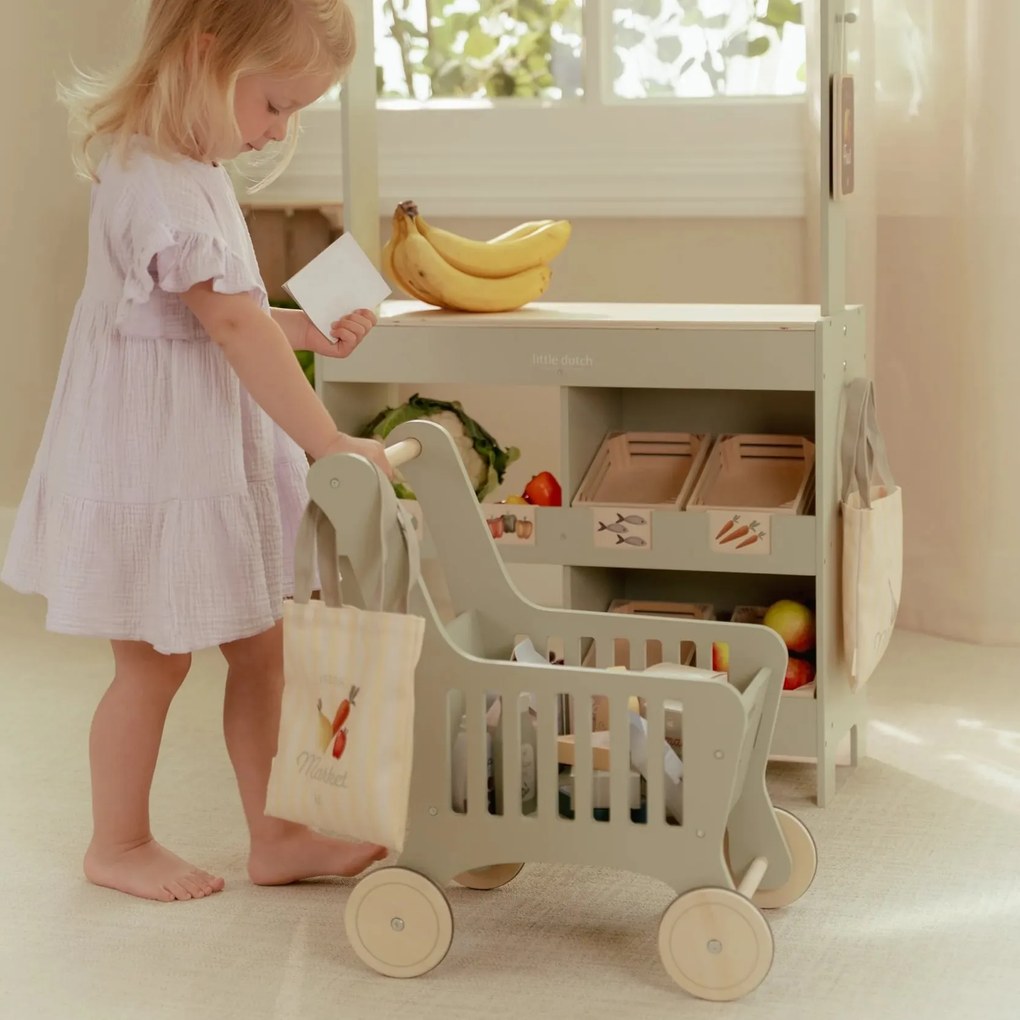 Nákupný vozík s doplnkami drevený