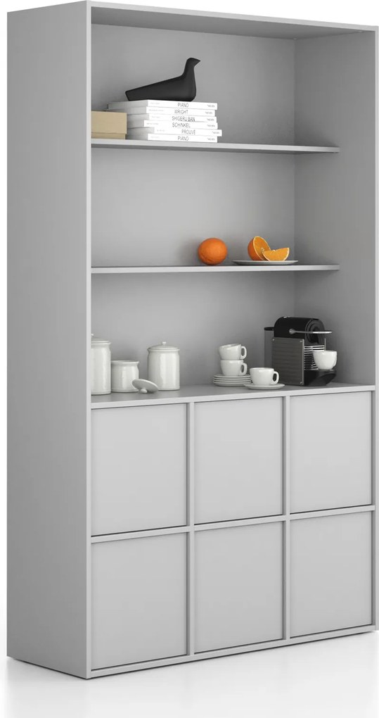 Kancelárska skriňa FRAME, 6x dvere, 2x polica, 1299 x 450 x 2162 mm, PUSH-lock, sivá