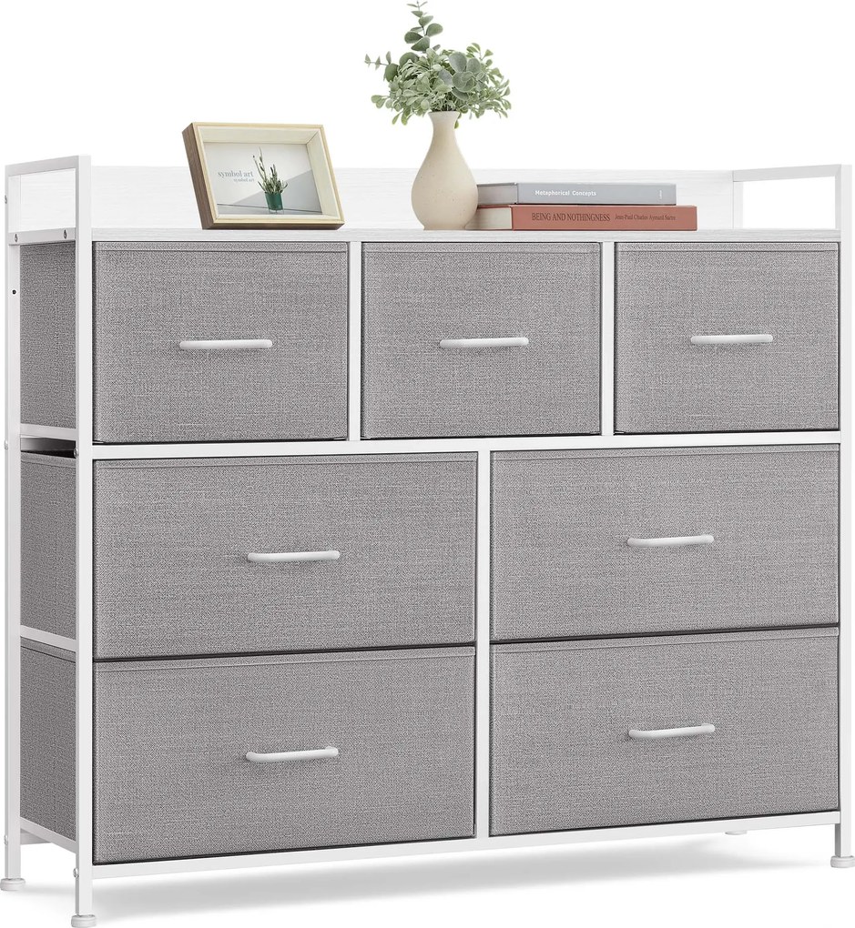 Komoda, 7 látkových zásuviek s rukoväťmi, kovový rám, sivá a biela