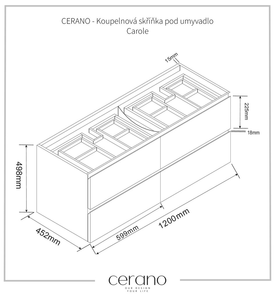 Cerano Carole, kúpeľňová skrinka 120x46x49,8 cm + keramické dvojumývadlo Todo, čierna matná, CER-CER-8050BD15