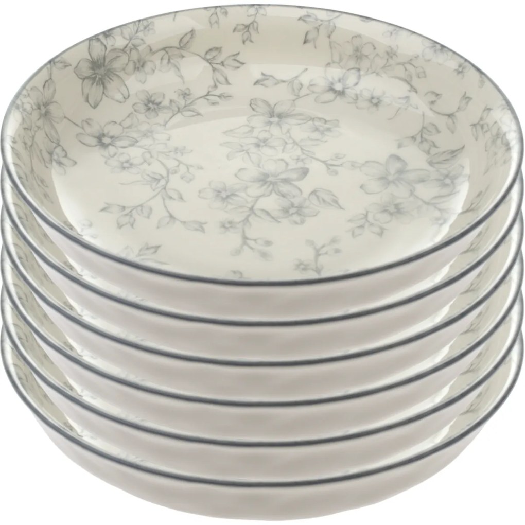 Súprava 6 hlbokých tanierov Nežné kvety 20 cm, sivá