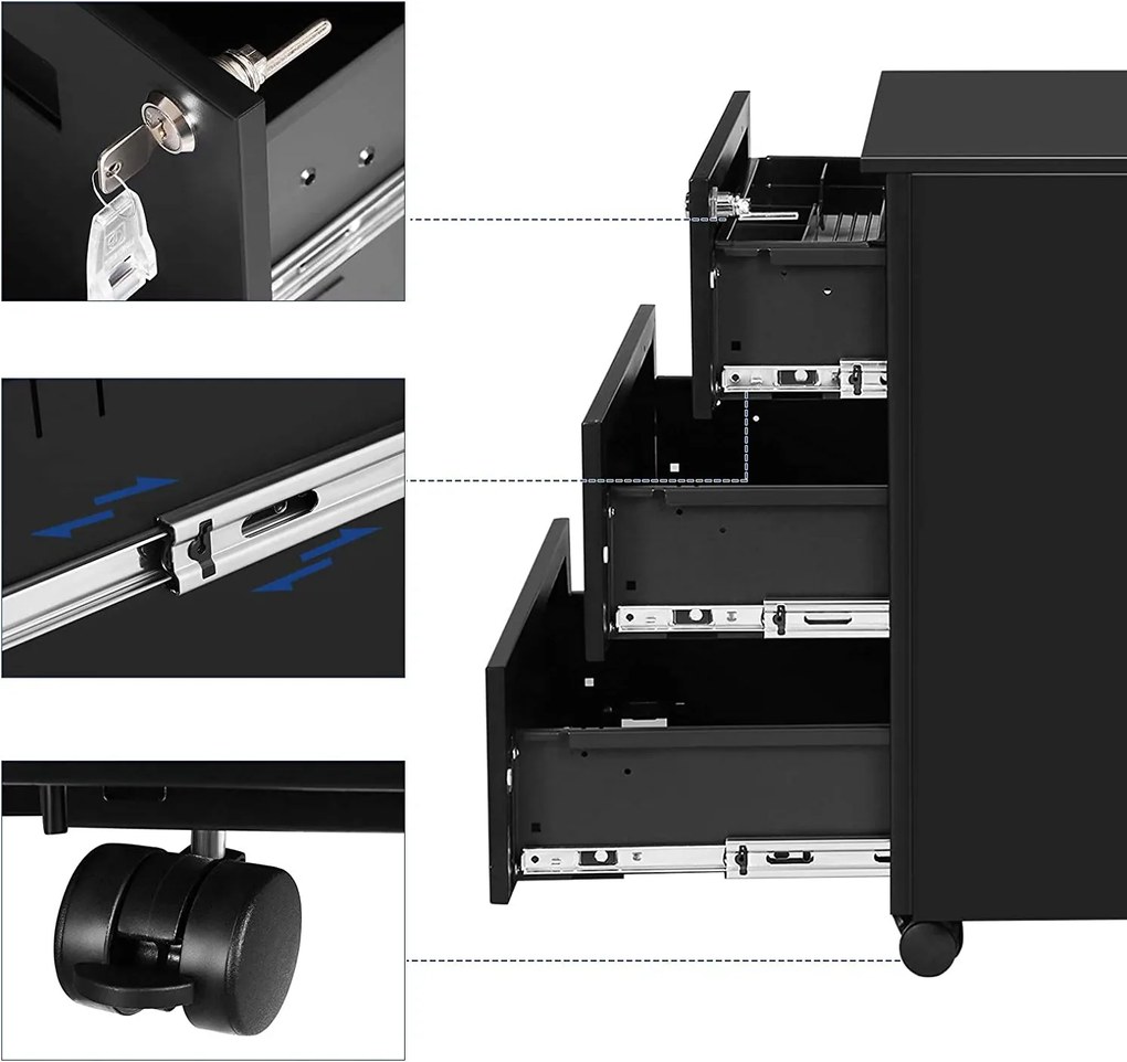 Pojazdná kartotéka, uzamykateľná, s 3 zásuvkami, matná čierna