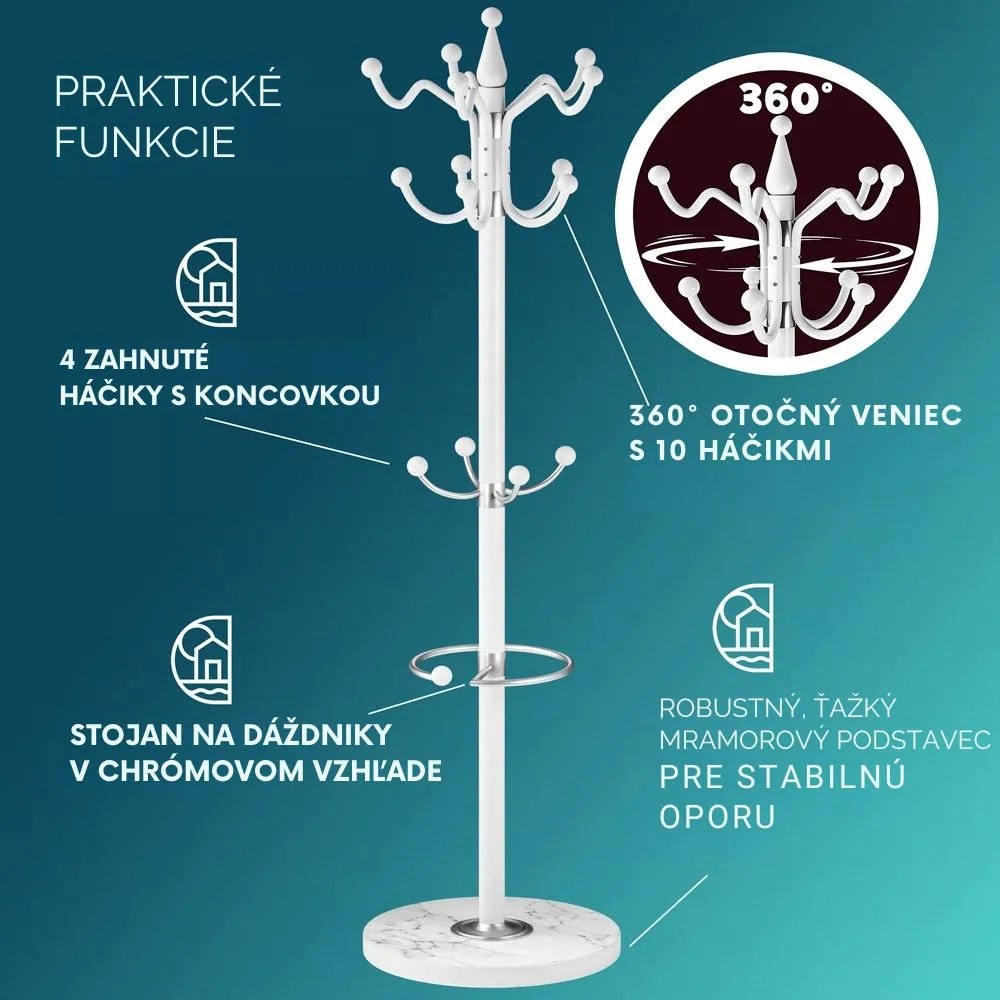 Stojanový vešiak TENZY s mramorovým podstavcom, 37x173cm, biela Casaria