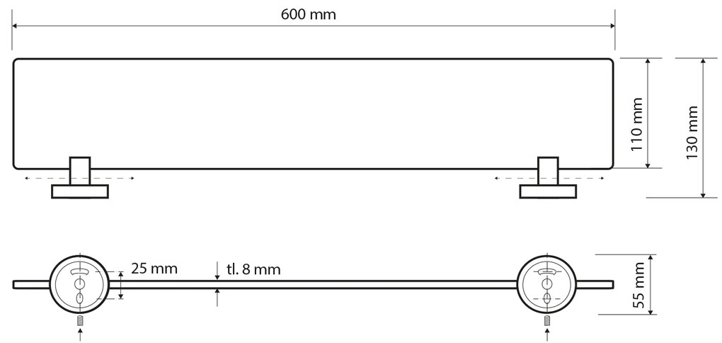 Sapho Sapho, X-ROUND E sklenená polička, 600x130mm, chróm, XR609