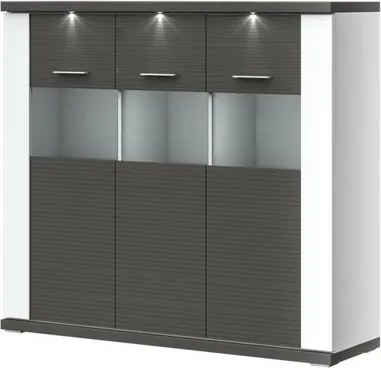 Široká vitrína Caracas typ 22, grafit/biely lesk, s osvetlením