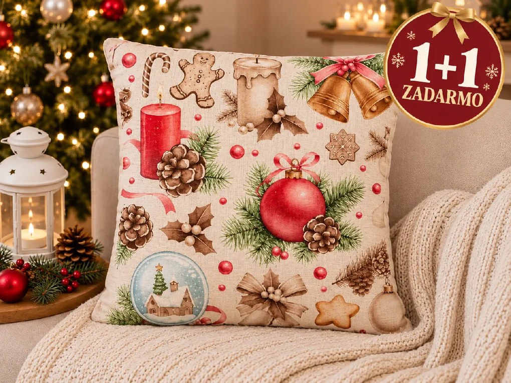 1+1 ZADARMO Vianočná obliečka na vankúš Svieca béžová 40x40 cm
