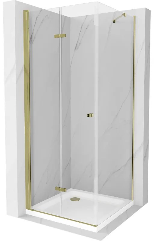 Mexen Lima sprchovací kút so skladacími dverami 100 x 100 cm, 6mm číre sklo, zlatý profil + sprchová vanička Slim, 856-100-100-50-00-4010