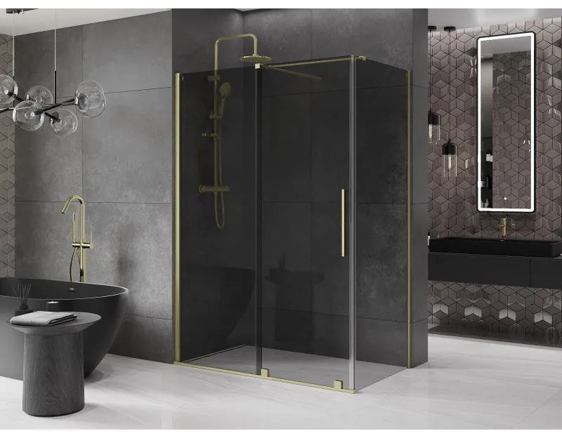Mexen Velar, sprchový kút s posuvnými dverami 160 x 90 cm, 8mm šedé sklo, zlatá matná, 871-160-090-41-55