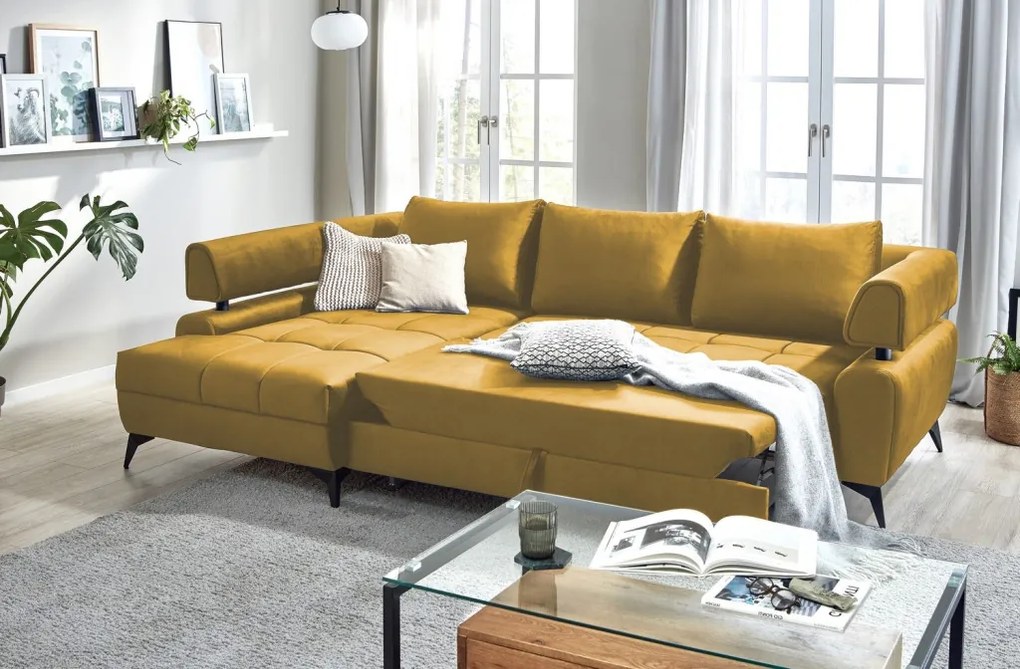 Rohová sedacia súprava Paris, horčicová žltá látka, ľavý roh