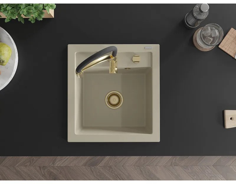 Mexen Vito, 1-komorový granitový drez 490x520x210 mm a drezová batéria Aster, béžová, 6503-69-73450-57-G